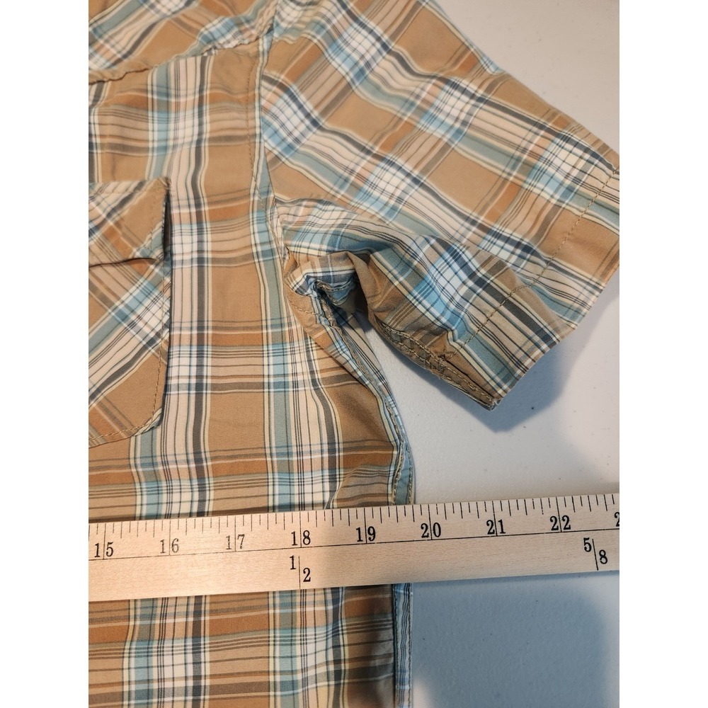 Hollister Mens Western Plaid Short Sleeve Pearl Snap Shirt Tan Blue Size M - Picture 4 of 6